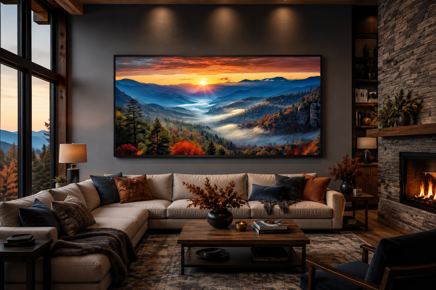 Smoky Mountains Sunset Art – Rustic Mountain Painting Canvas for Living Room