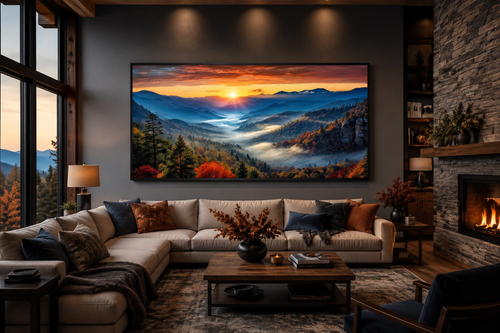 Smoky Mountains Sunset Art – Rustic Mountain Painting Canvas for Living Room