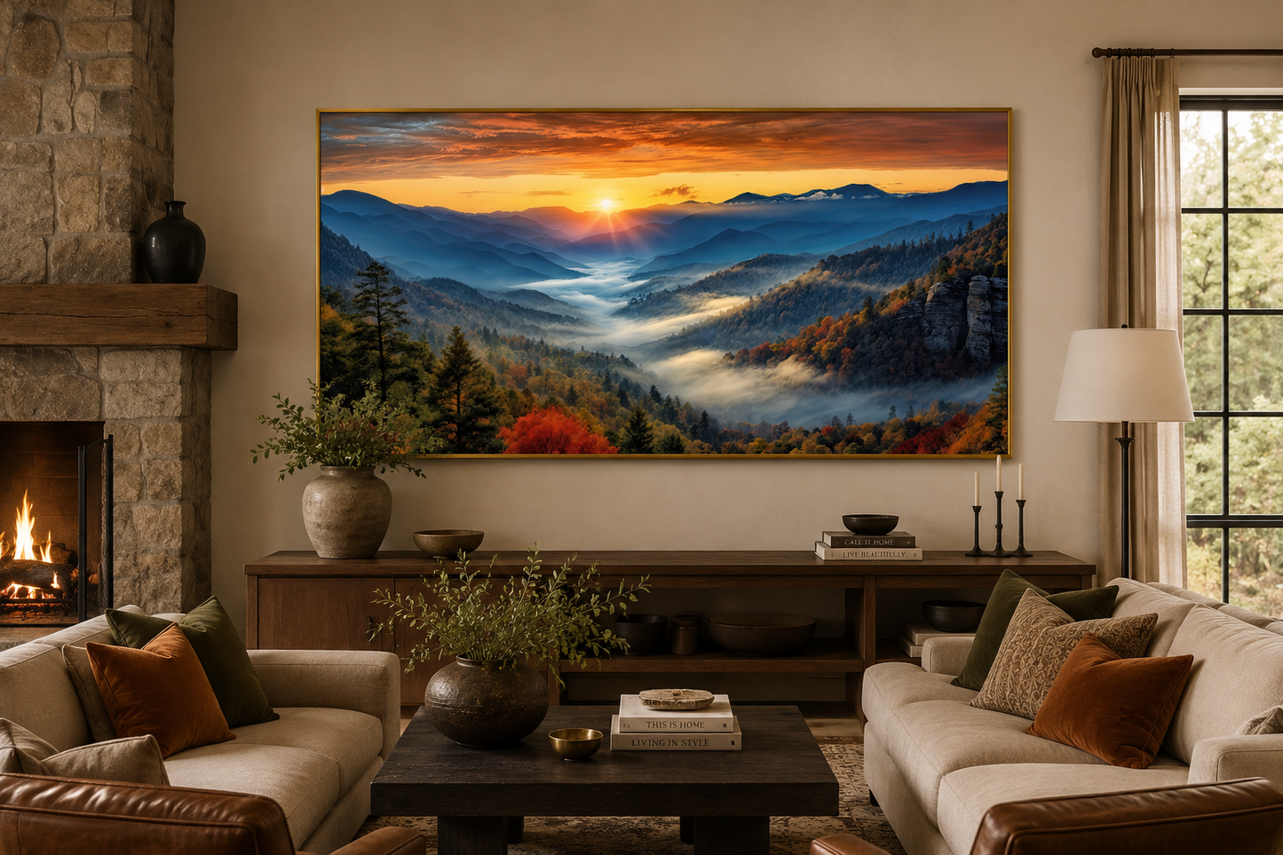 Smoky Mountains Sunset Art – Rustic Mountain Painting Canvas for Living Room