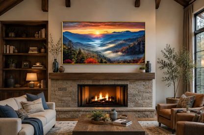 Smoky Mountains Sunset Art – Rustic Mountain Painting Canvas for Living Room