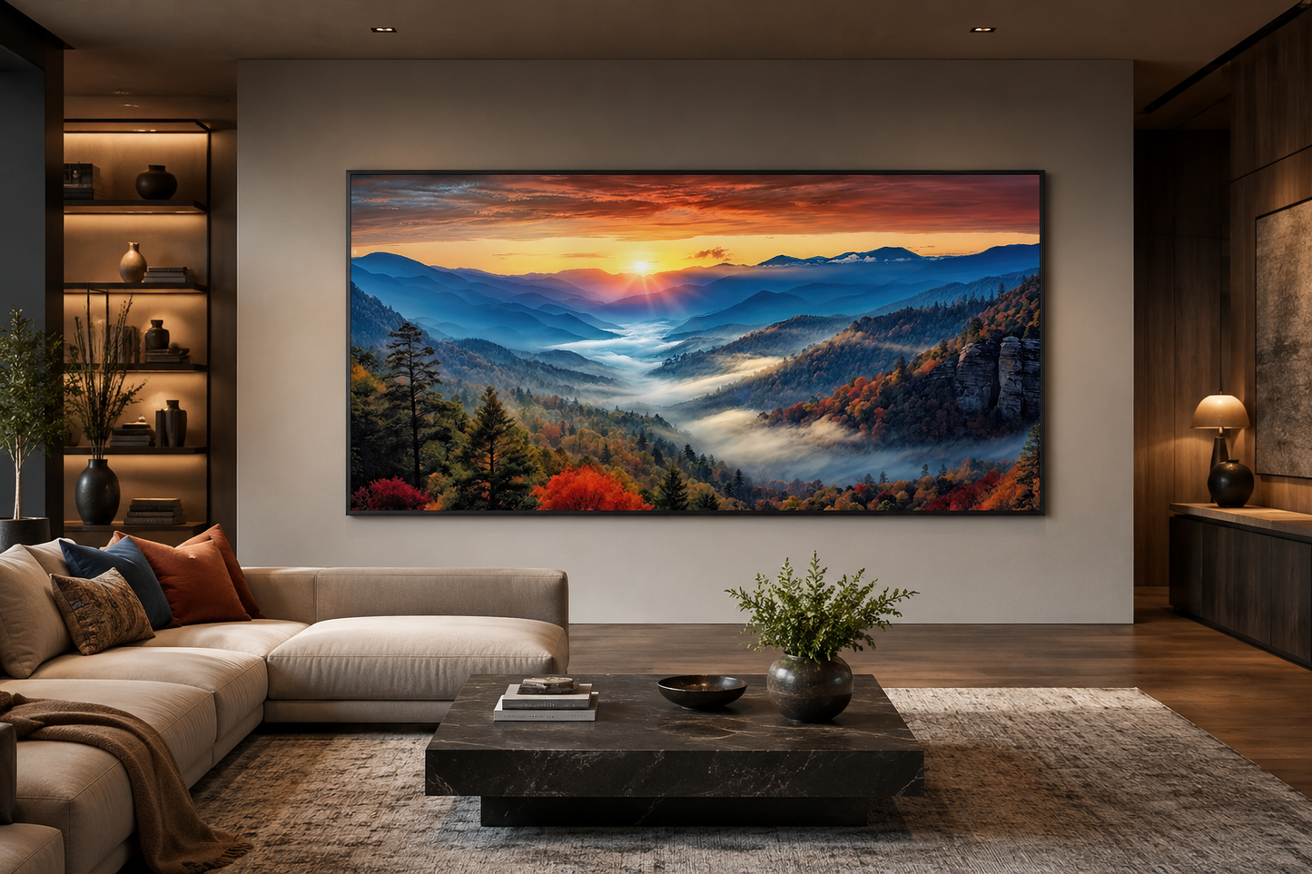 Smoky Mountains Sunset Art – Rustic Mountain Painting Canvas for Living Room
