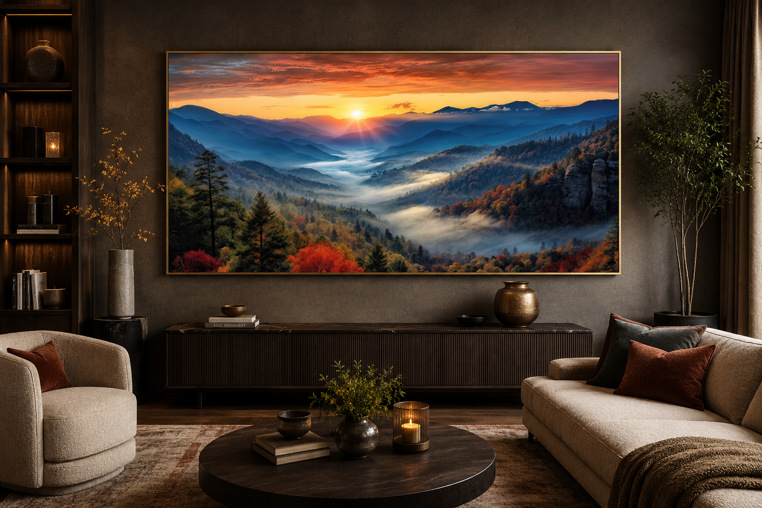 Smoky Mountains Sunset Art – Rustic Mountain Painting Canvas for Living Room