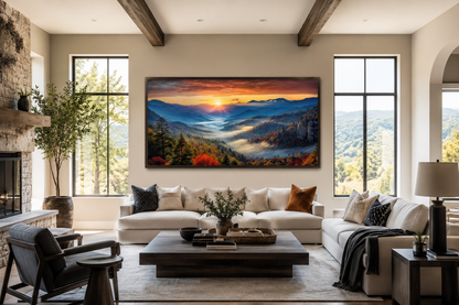Smoky Mountains Sunset Art – Rustic Mountain Painting Canvas for Living Room
