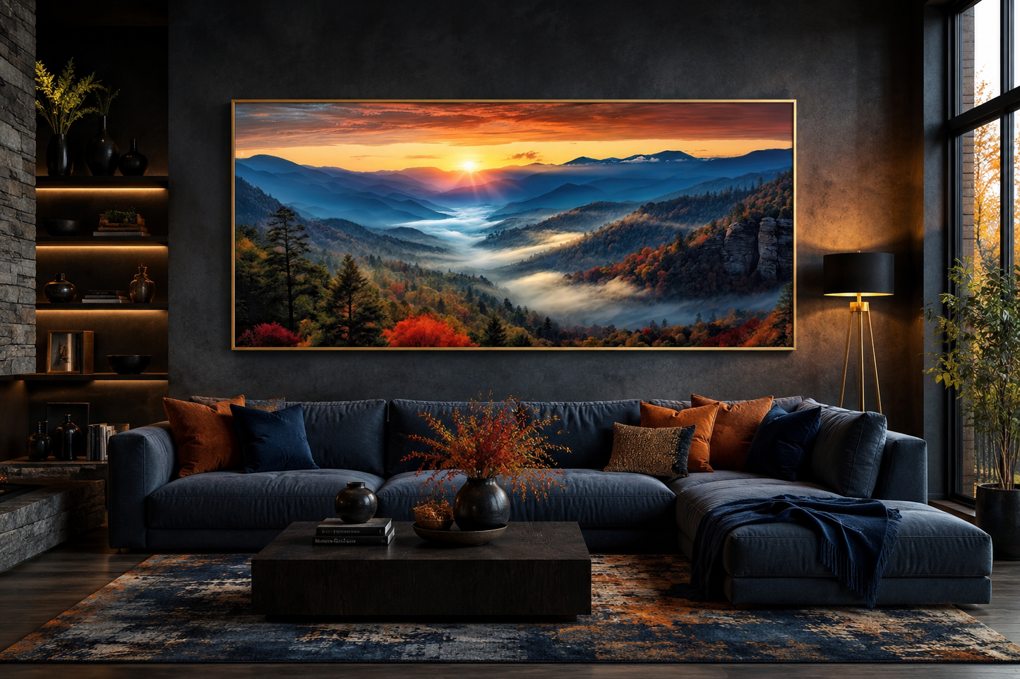 Smoky Mountains Sunset Art – Rustic Mountain Painting Canvas for Living Room