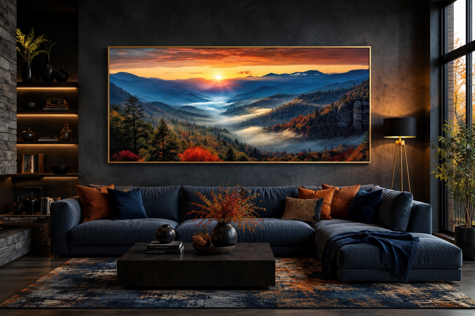 Smoky Mountains Sunset Art – Rustic Mountain Painting Canvas for Living Room