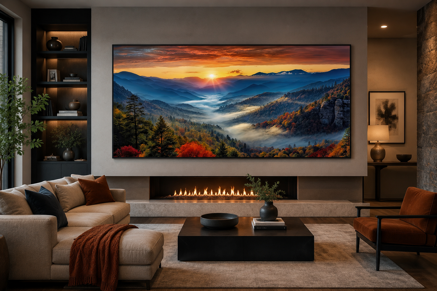 Smoky Mountains Sunset Art – Rustic Mountain Painting Canvas for Living Room