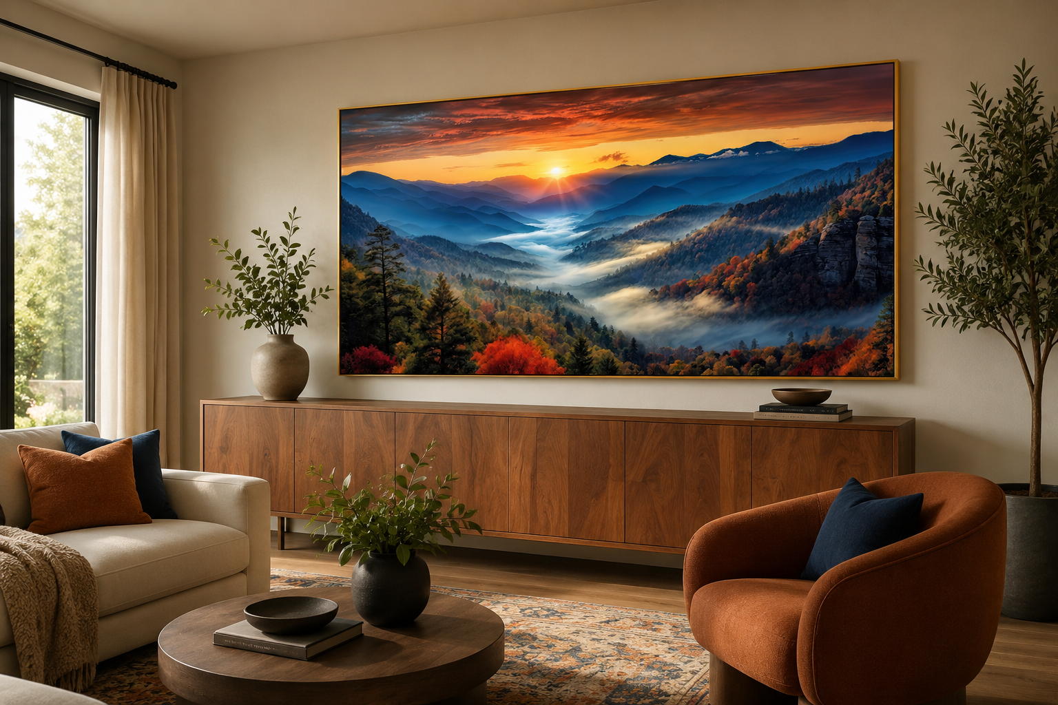Smoky Mountains Sunset Art – Rustic Mountain Painting Canvas for Living Room