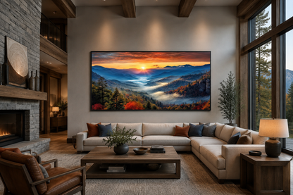 Smoky Mountains Sunset Art – Rustic Mountain Painting Canvas for Living Room