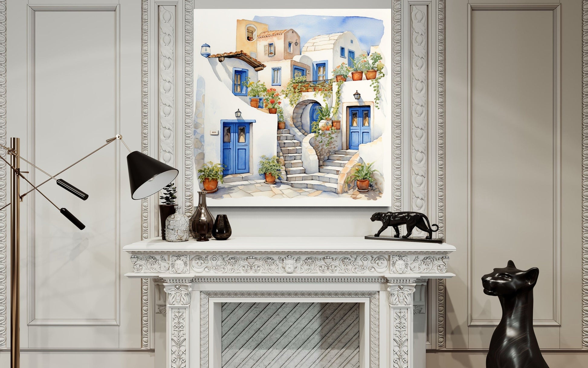 Greek Houses Santorini Greece Framed Canvas Wall Art