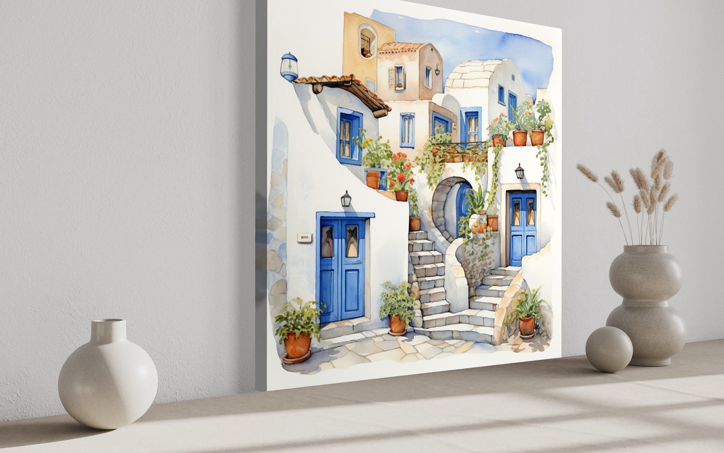 Greek Houses Santorini Greece Framed Canvas Wall Art