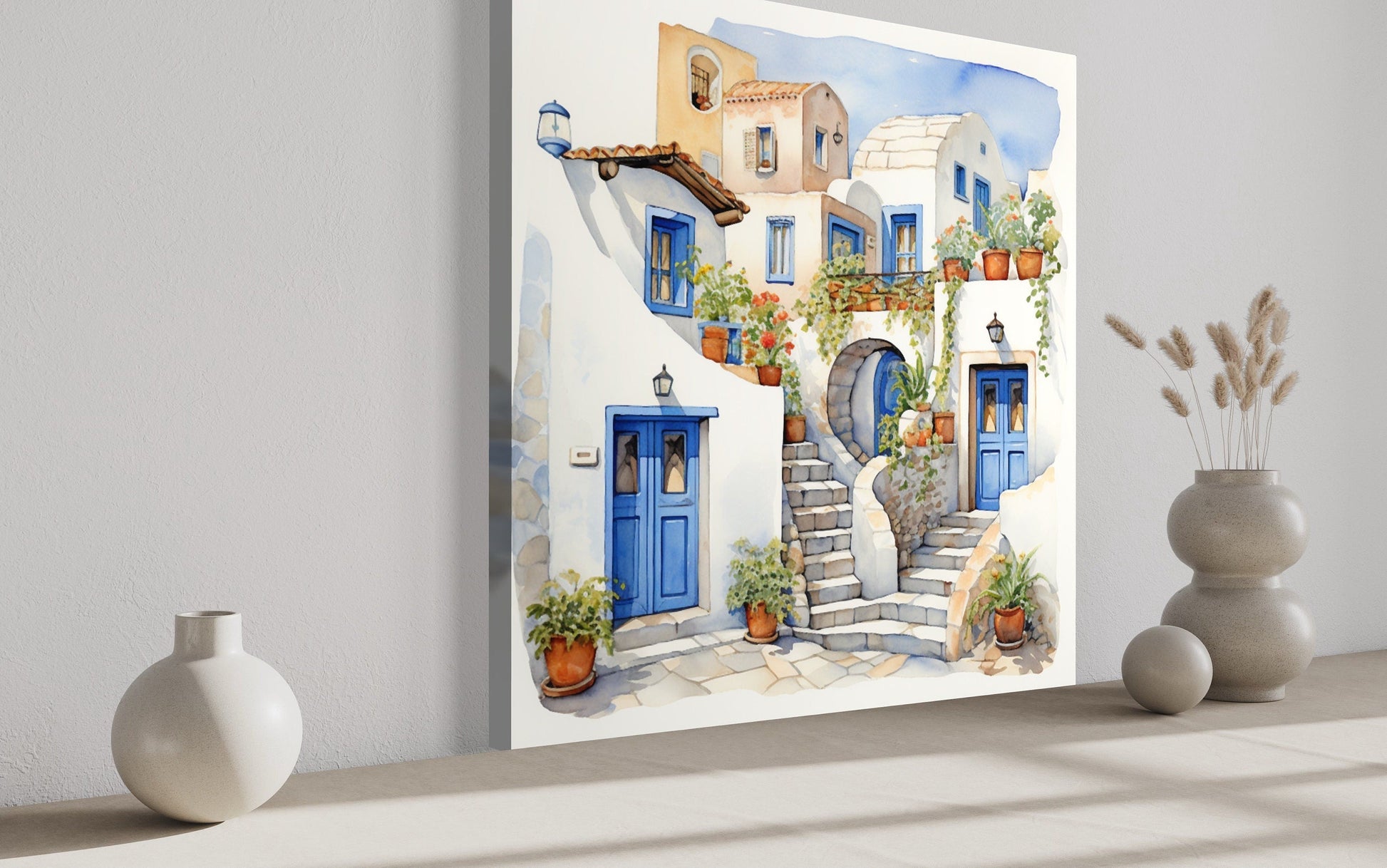 Greek Houses Santorini Greece Framed Canvas Wall Art