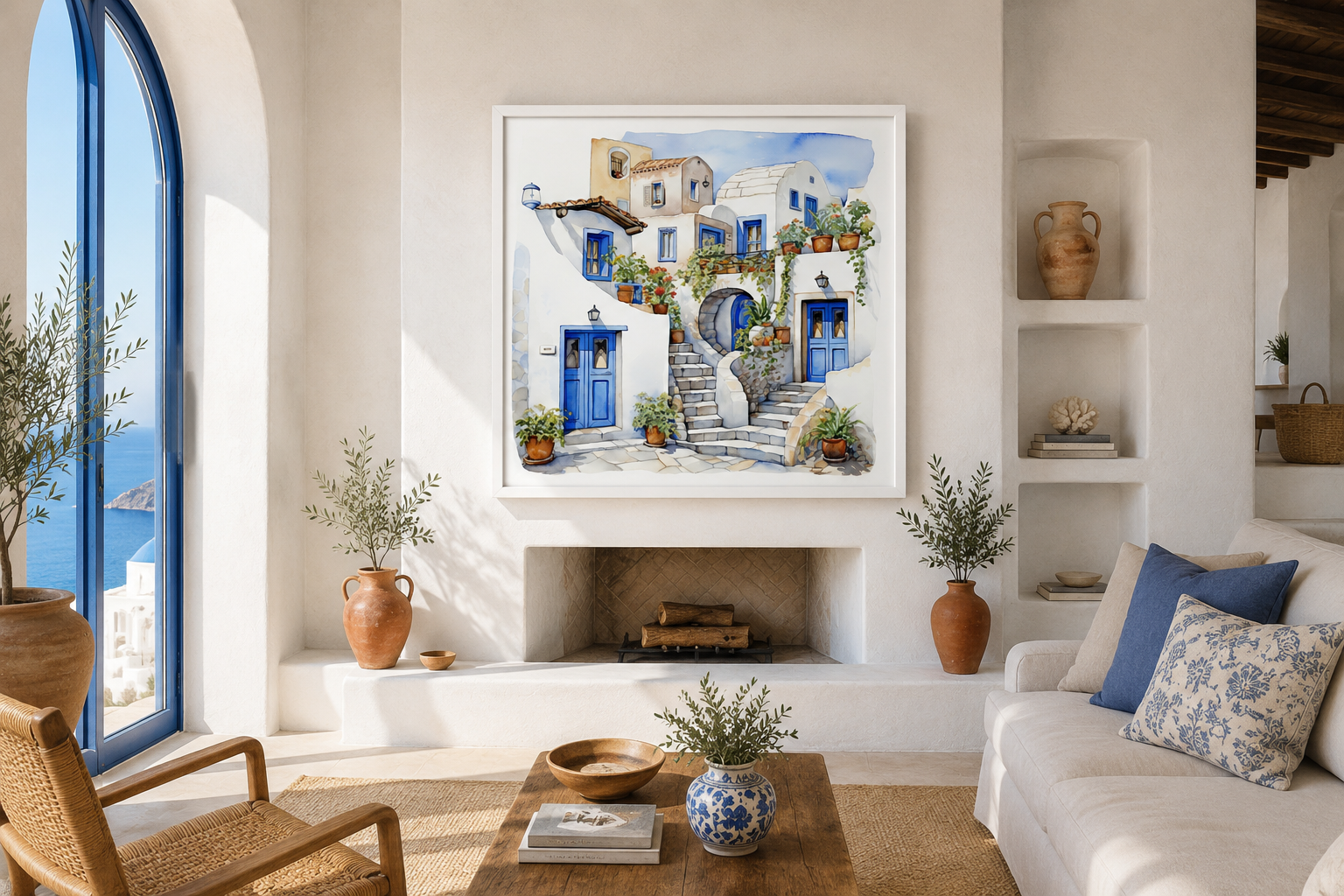Greek Houses Santorini Greece Framed Canvas Wall Art