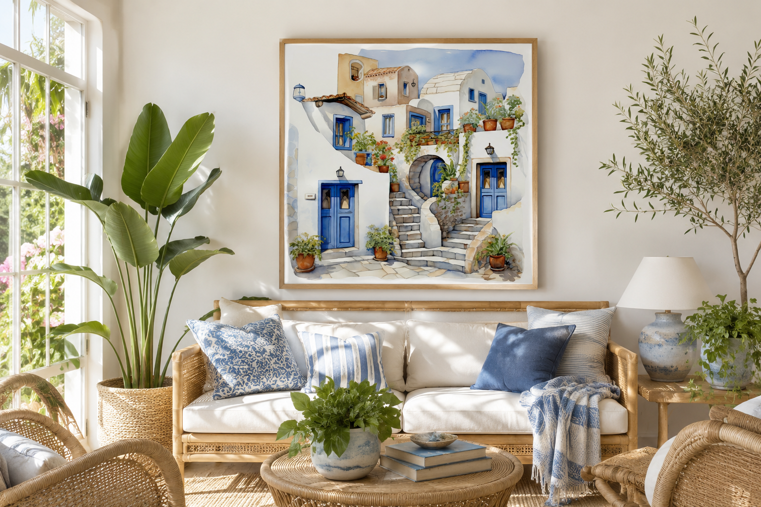 Greek Houses Santorini Greece Framed Canvas Wall Art