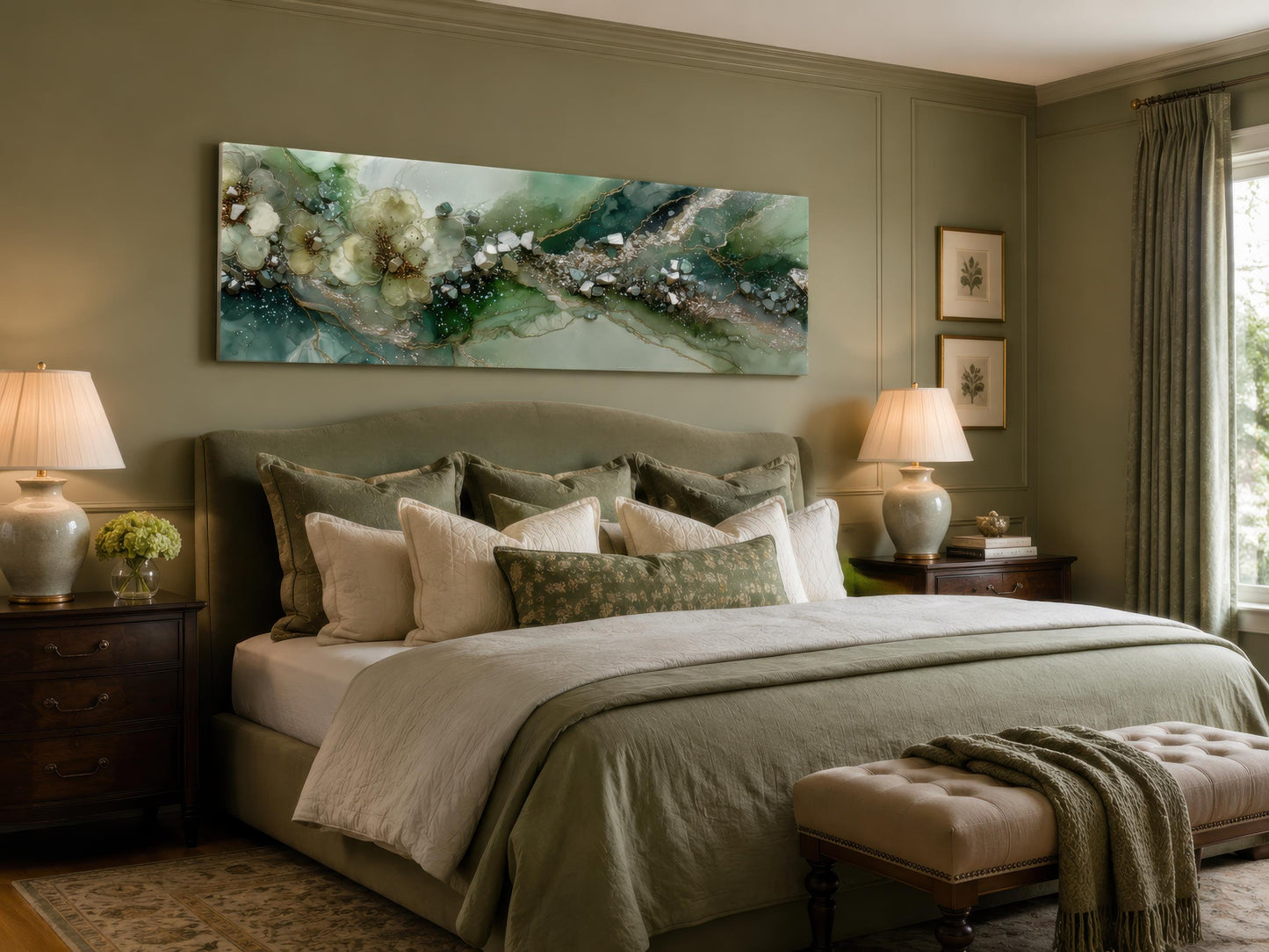 Green Abstract Wall Art - Sage Green Geode Painting | Long Horizontal Canvas Print