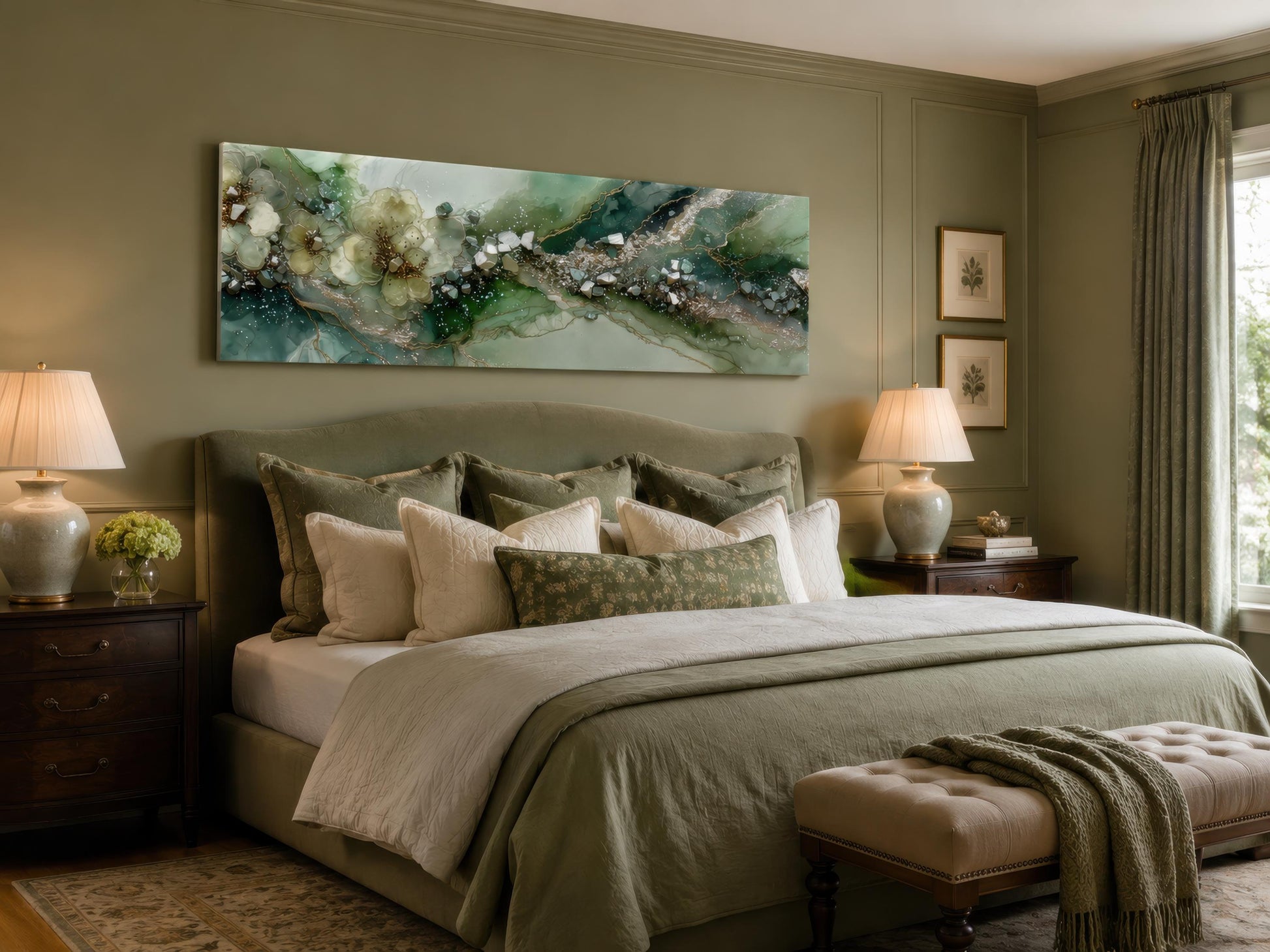 Green Abstract Wall Art - Sage Green Geode Painting | Long Horizontal Canvas Print