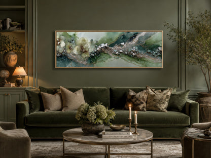 Green Abstract Wall Art - Sage Green Geode Painting | Long Horizontal Canvas Print