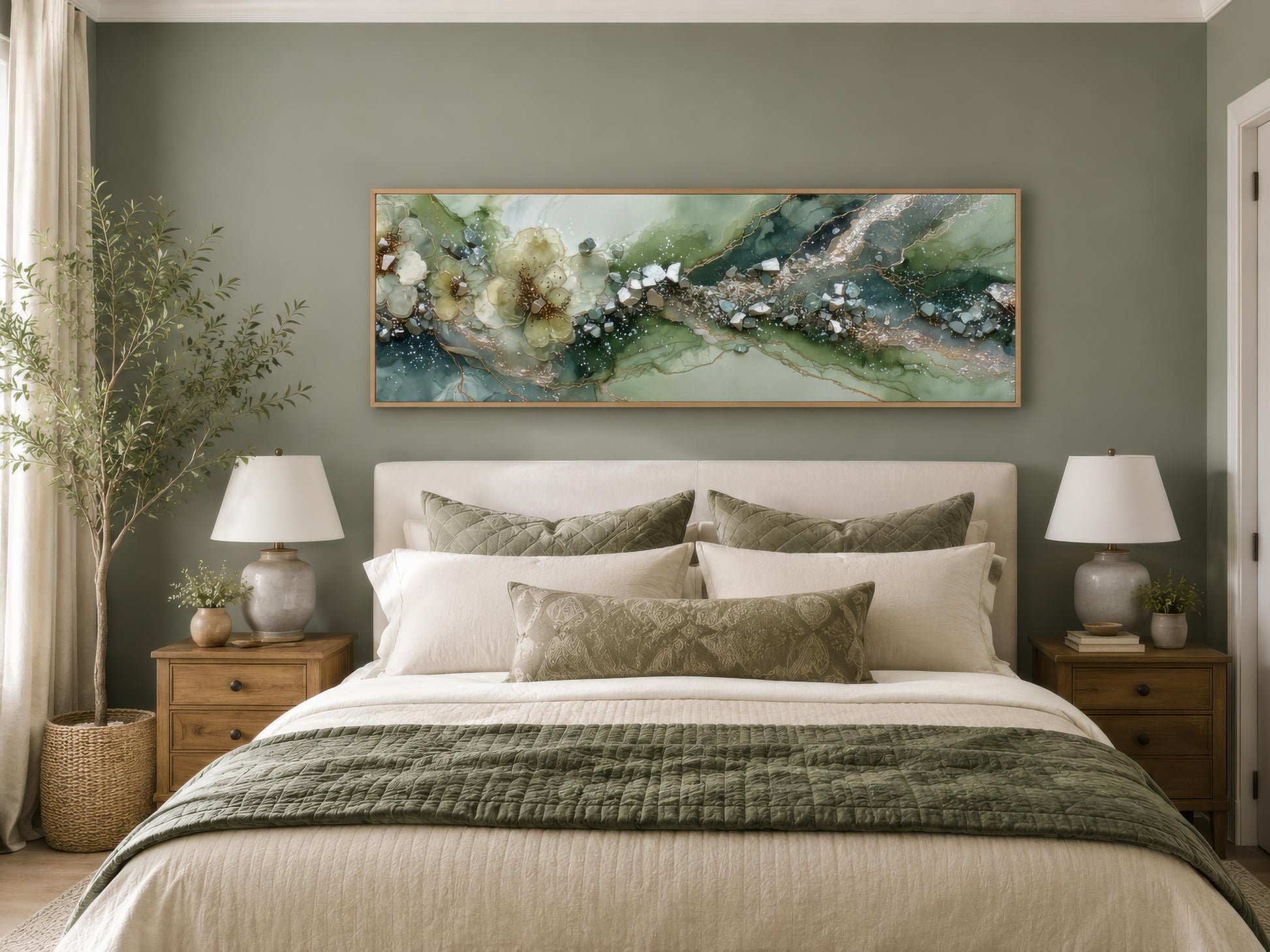Green Abstract Wall Art - Sage Green Geode Painting | Long Horizontal Canvas Print