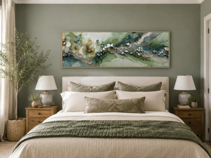 Green Abstract Wall Art - Sage Green Geode Painting | Long Horizontal Canvas Print