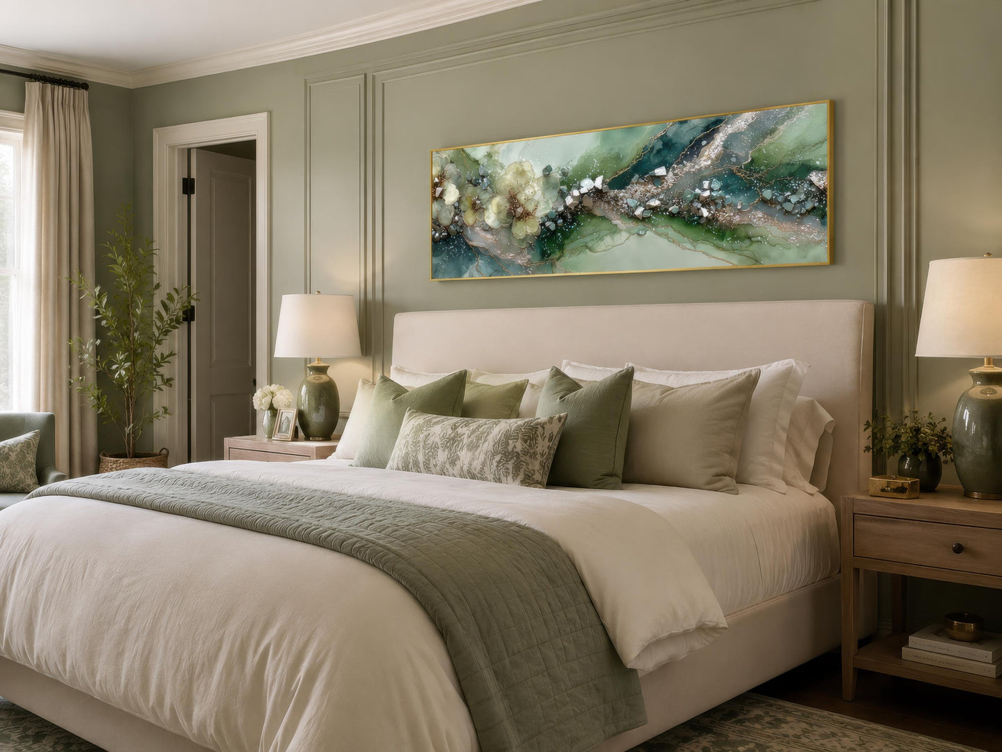 Green Abstract Wall Art - Sage Green Geode Painting | Long Horizontal Canvas Print