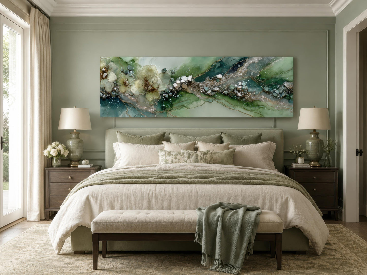Green Abstract Wall Art - Sage Green Geode Painting | Long Horizontal Canvas Print