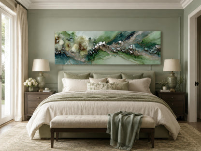 Green Abstract Wall Art - Sage Green Geode Painting | Long Horizontal Canvas Print