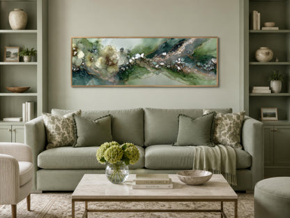 Green Abstract Wall Art - Sage Green Geode Painting | Long Horizontal Canvas Print