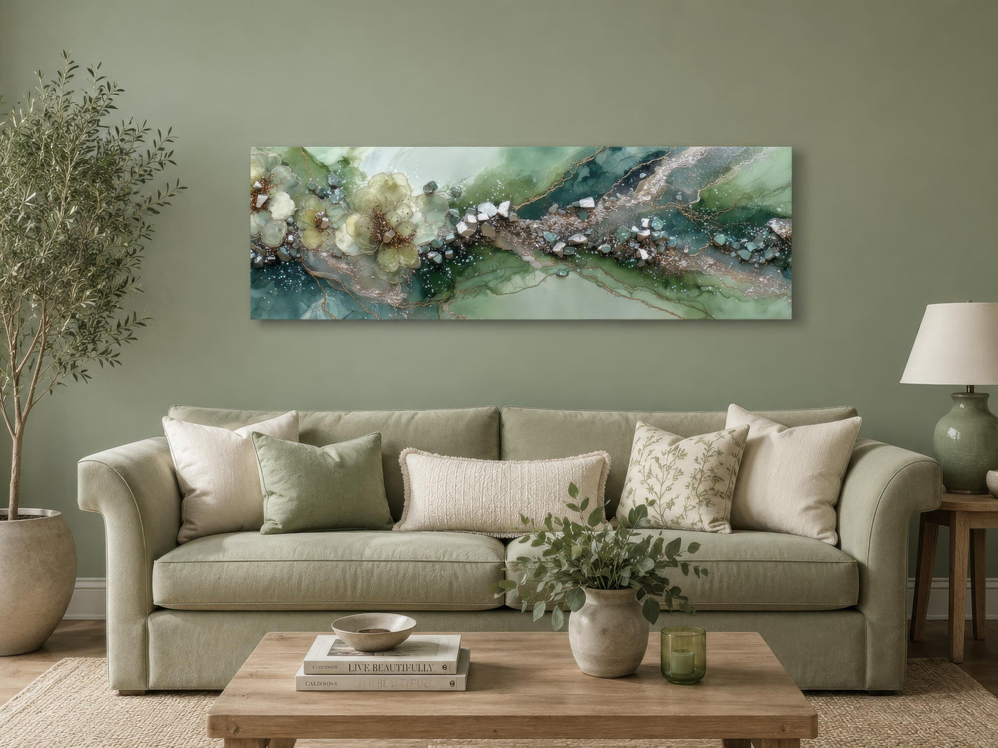 Green Abstract Wall Art - Sage Green Geode Painting | Long Horizontal Canvas Print