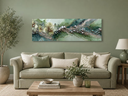 Green Abstract Wall Art - Sage Green Geode Painting | Long Horizontal Canvas Print