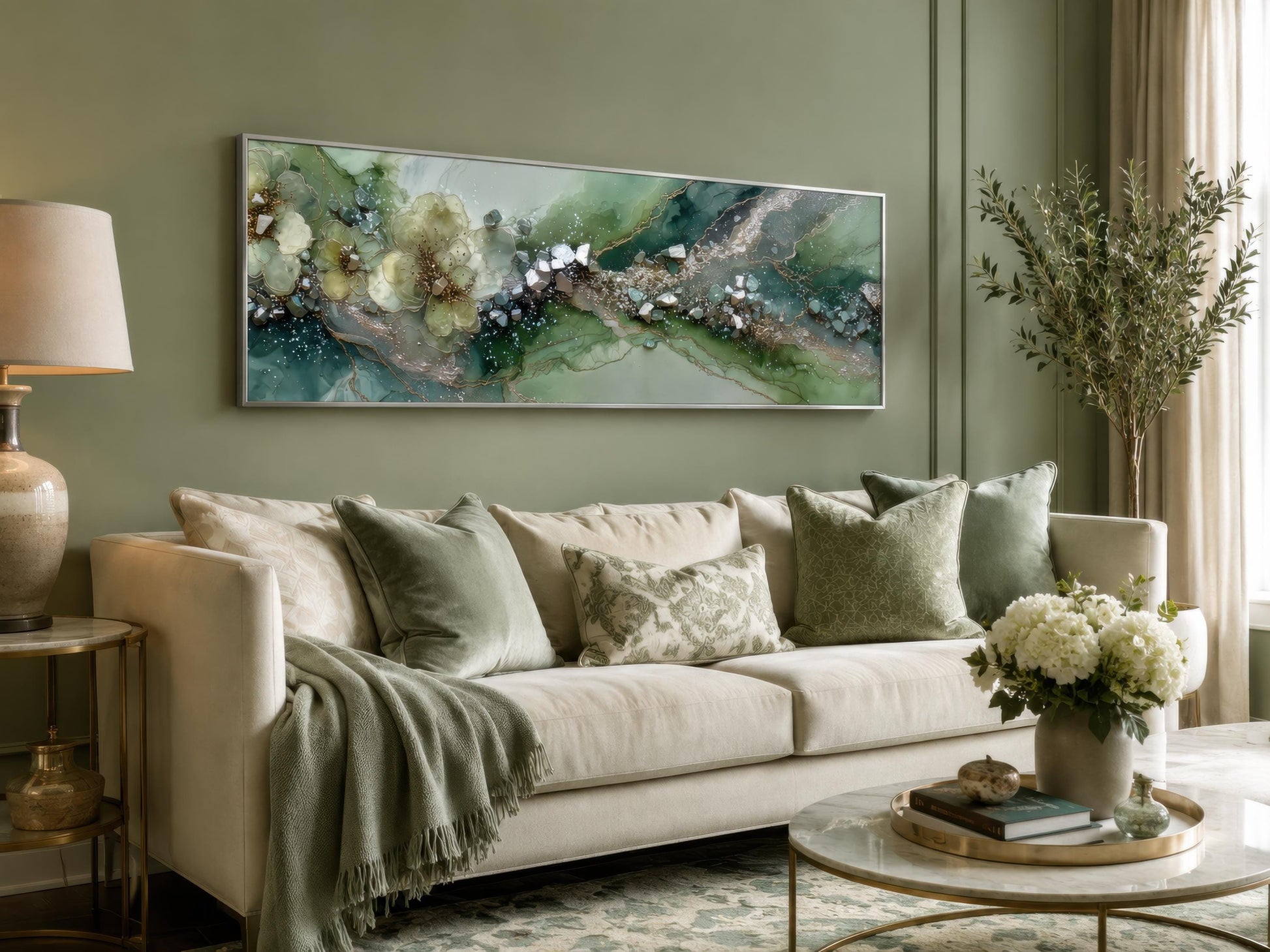 Green Abstract Wall Art - Sage Green Geode Painting | Long Horizontal Canvas Print