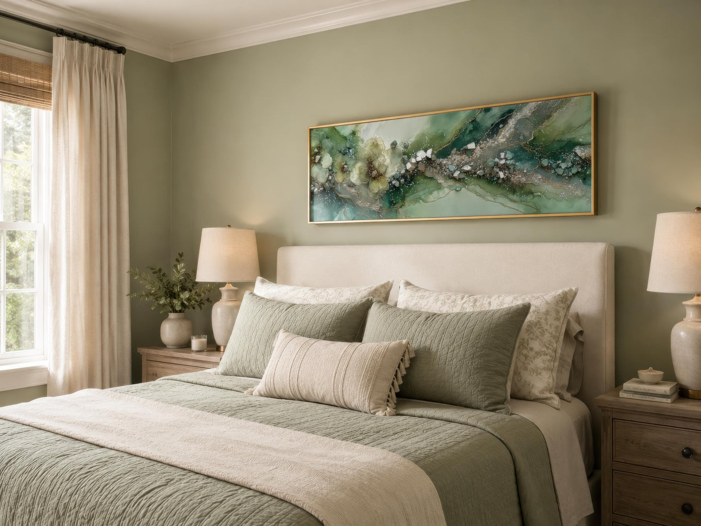 Green Abstract Wall Art - Sage Green Geode Painting | Long Horizontal Canvas Print
