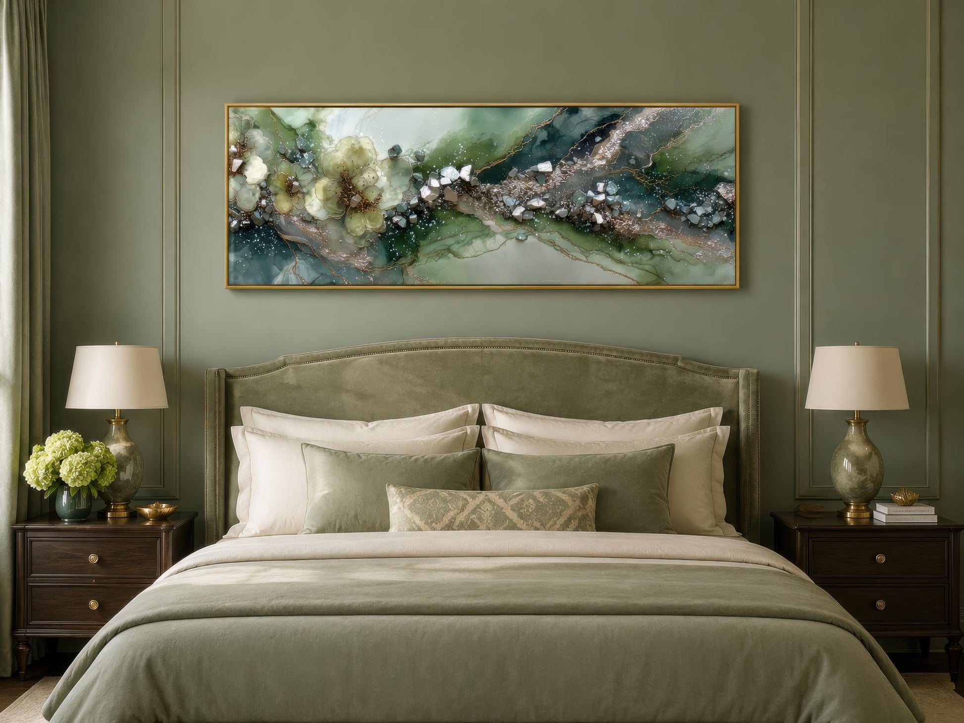 Green Abstract Wall Art - Sage Green Geode Painting | Long Horizontal Canvas Print