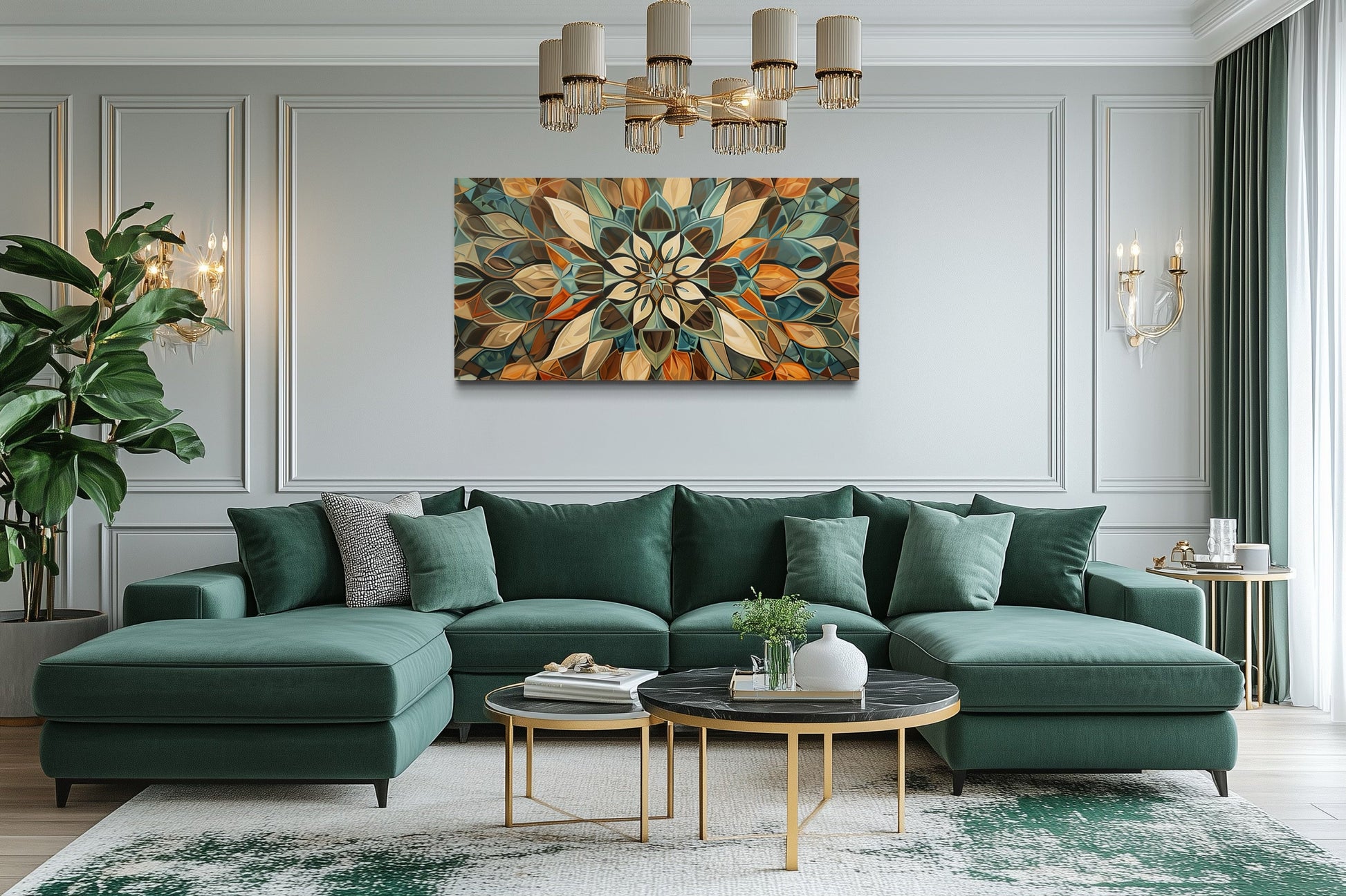 Green Blue Beige Orange Earth Tones Mandala Framed Canvas Wall Art