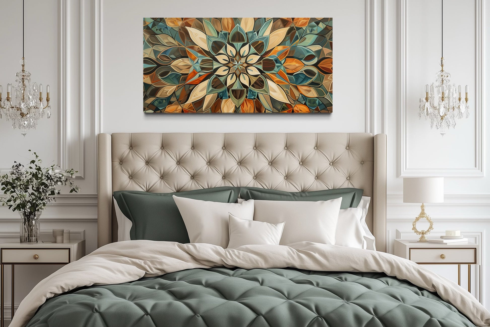 Green Blue Beige Orange Earth Tones Mandala Framed Canvas Wall Art