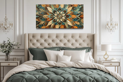 Green Blue Beige Orange Earth Tones Mandala Framed Canvas Wall Art