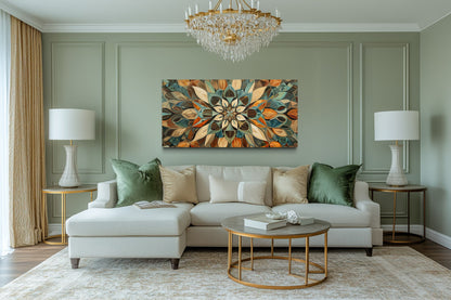 Green Blue Beige Orange Earth Tones Mandala Framed Canvas Wall Art