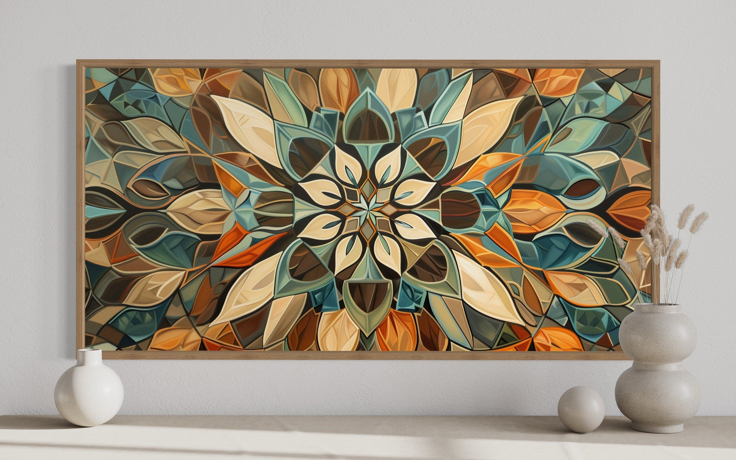 Green Blue Beige Orange Earth Tones Mandala Framed Canvas Wall Art