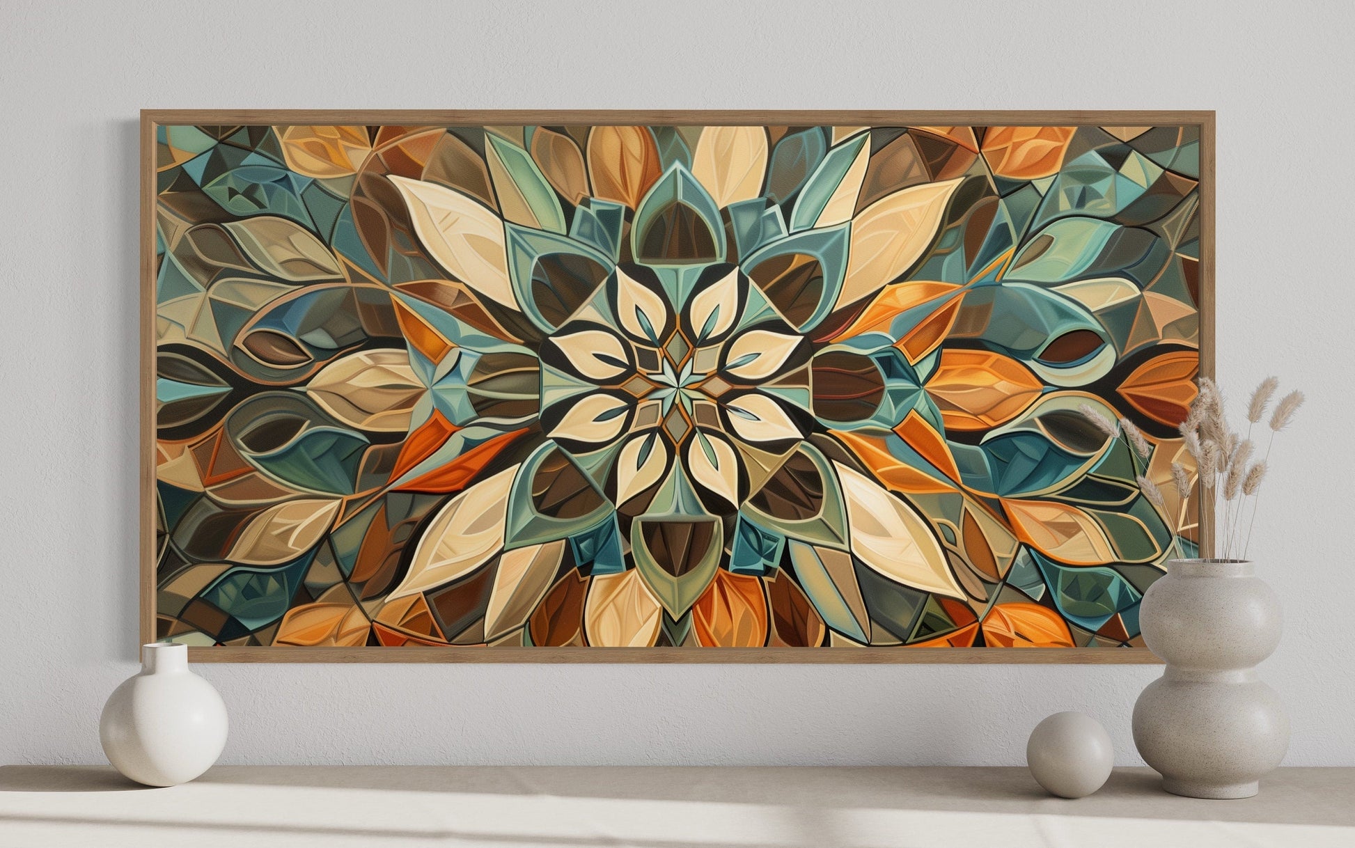 Green Blue Beige Orange Earth Tones Mandala Framed Canvas Wall Art