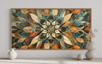 Green Blue Beige Orange Earth Tones Mandala Framed Canvas Wall Art