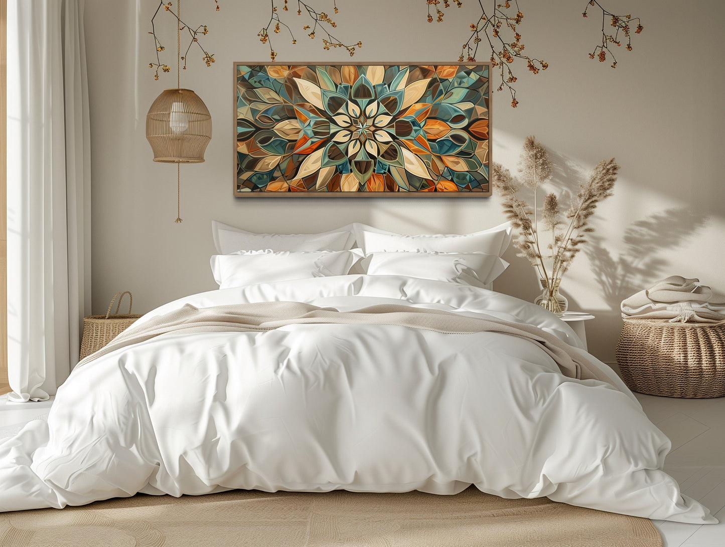 Green Blue Beige Orange Earth Tones Mandala Framed Canvas Wall Art