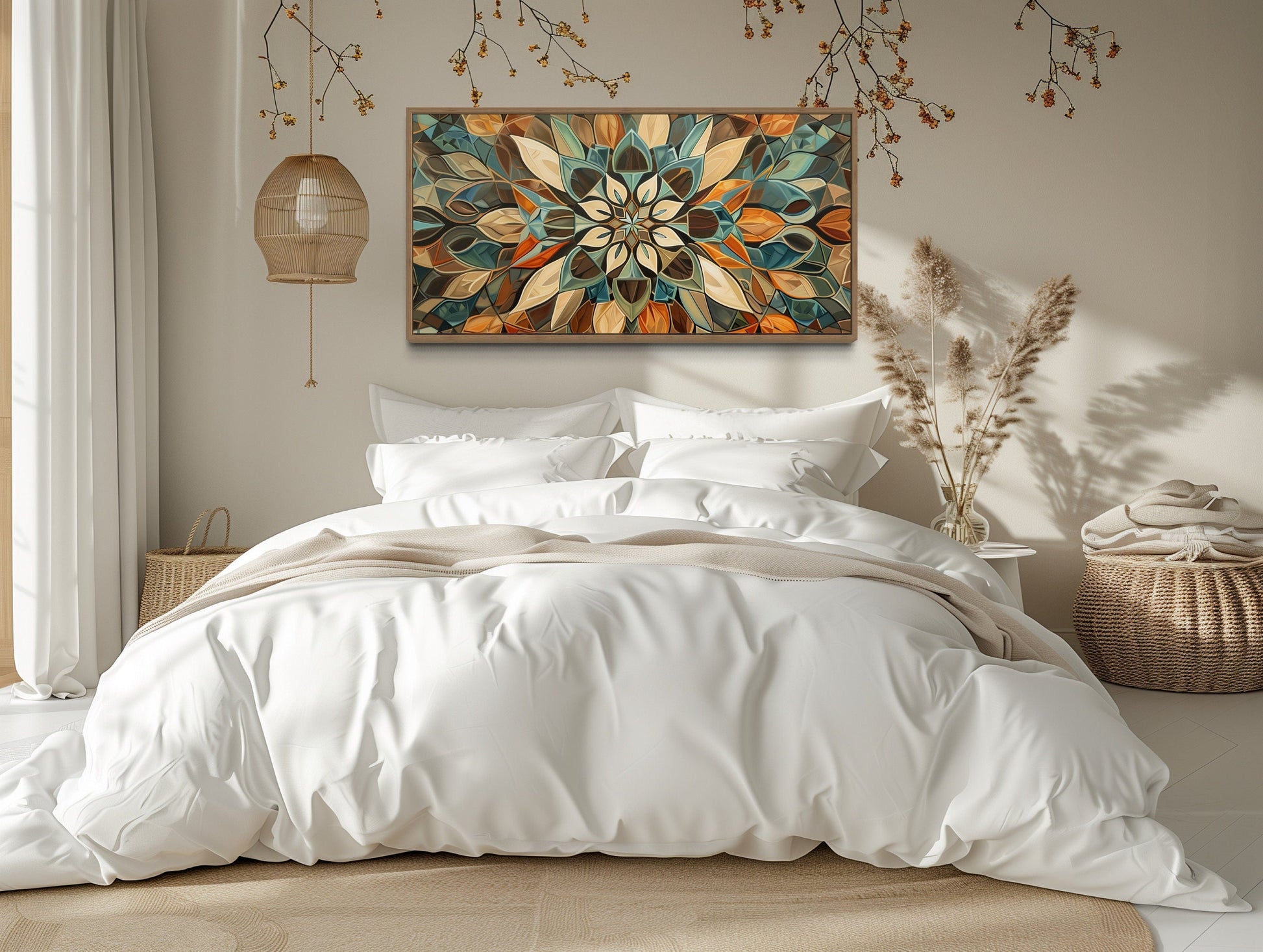 Green Blue Beige Orange Earth Tones Mandala Framed Canvas Wall Art