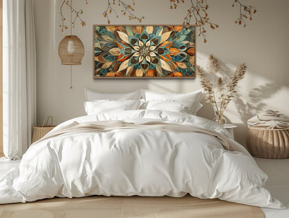 Green Blue Beige Orange Earth Tones Mandala Framed Canvas Wall Art