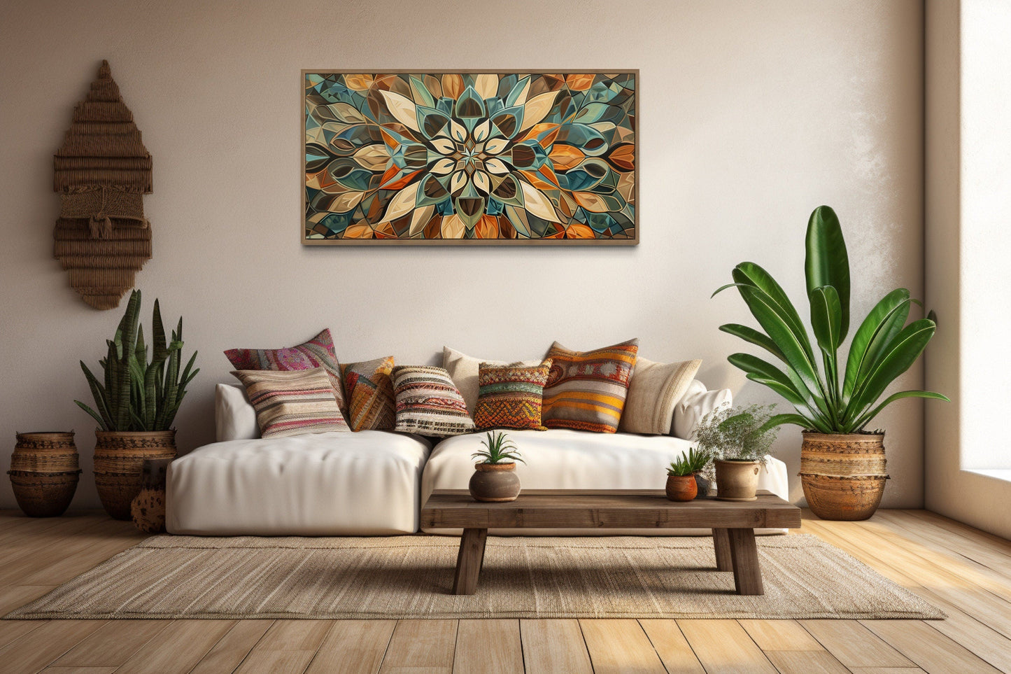 Green Blue Beige Orange Earth Tones Mandala Framed Canvas Wall Art