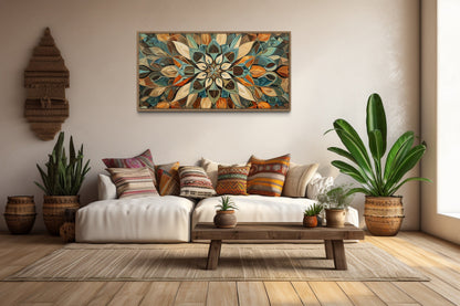 Green Blue Beige Orange Earth Tones Mandala Framed Canvas Wall Art