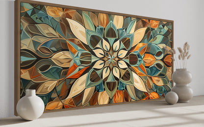Green Blue Beige Orange Earth Tones Mandala Framed Canvas Wall Art
