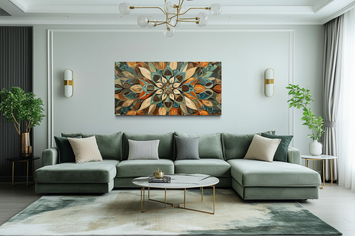 Green Blue Beige Orange Earth Tones Mandala Framed Canvas Wall Art