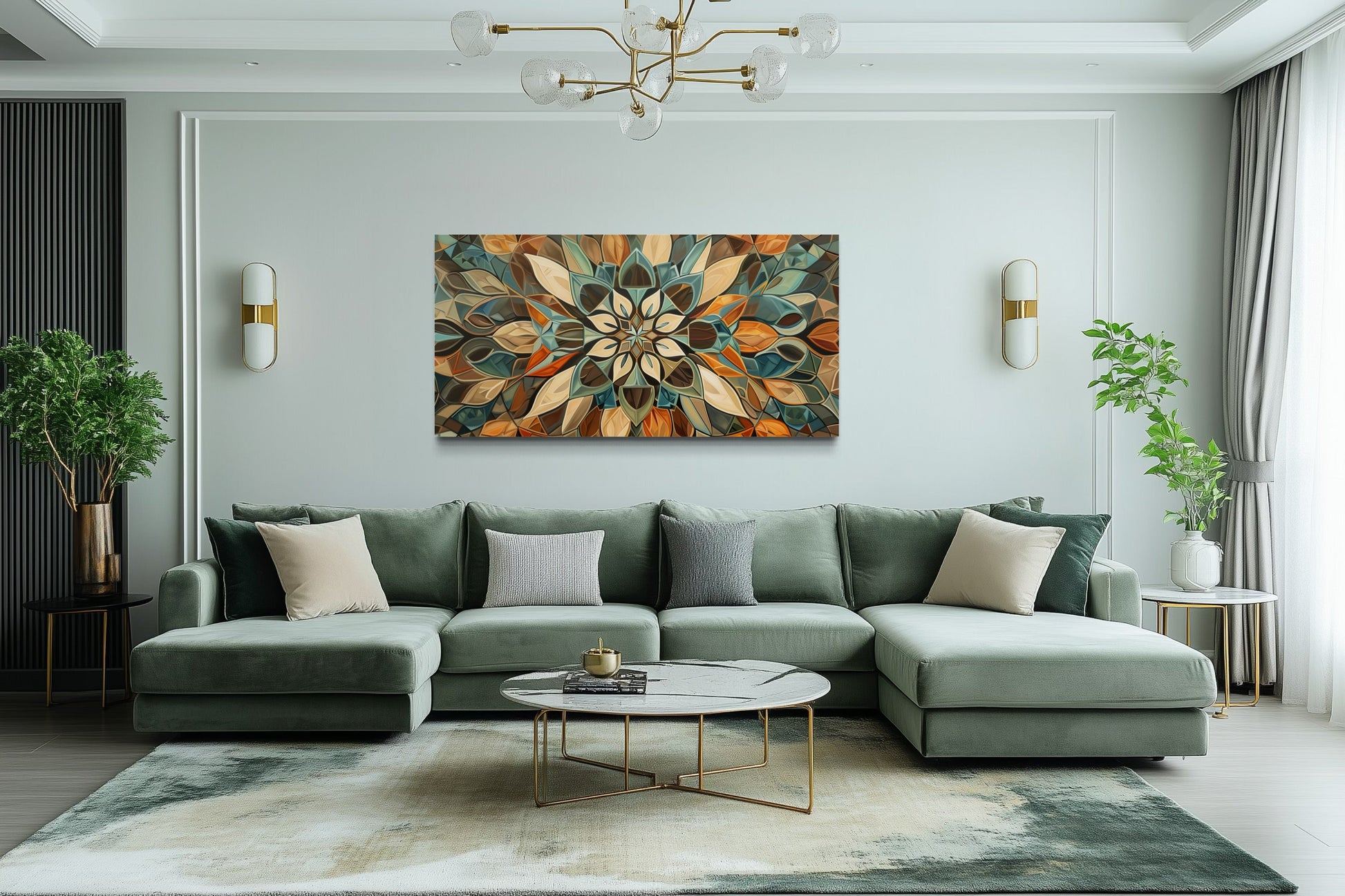 Green Blue Beige Orange Earth Tones Mandala Framed Canvas Wall Art