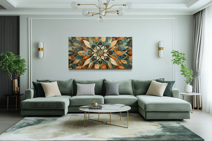 Green Blue Beige Orange Earth Tones Mandala Framed Canvas Wall Art