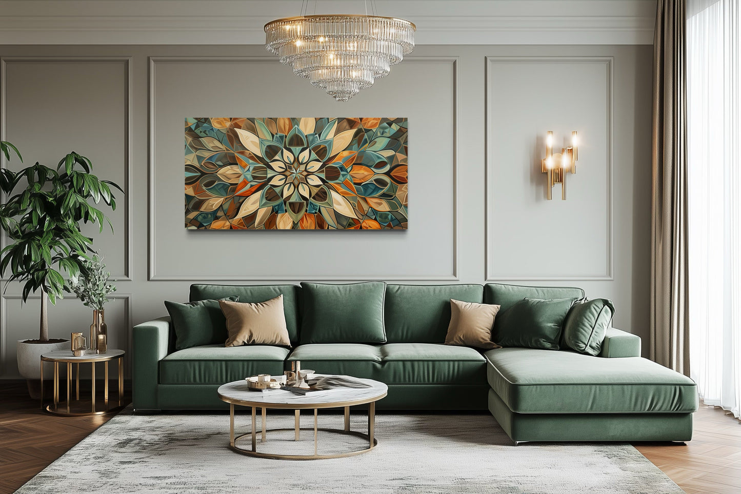 Green Blue Beige Orange Earth Tones Mandala Framed Canvas Wall Art
