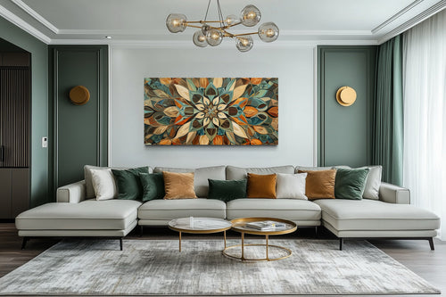 Green Blue Beige Orange Earth Tones Mandala Framed Canvas Wall Art