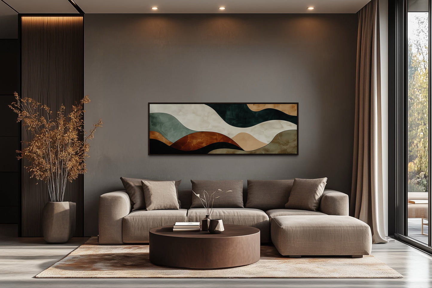 Green Brown Waves Modern Living Room Horizontal Canvas Wall Art